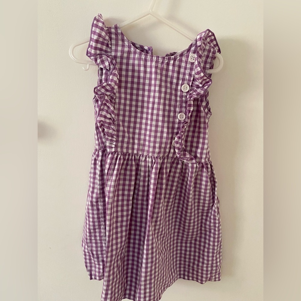 Mauve Gingham Button-Accent Angel-Sleeve Dress